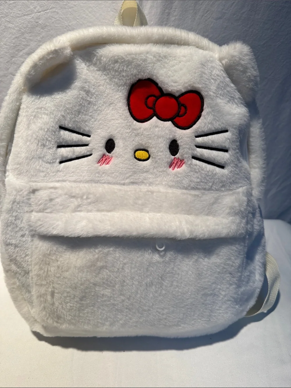White Plush Kitty Kids Backpack with Red Bow